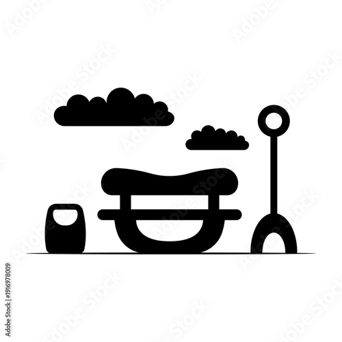 Bench, lamppost, and trash can. Black silhouette. Front view. Vector simple flat graphic illustration. Isolated object on a white background.