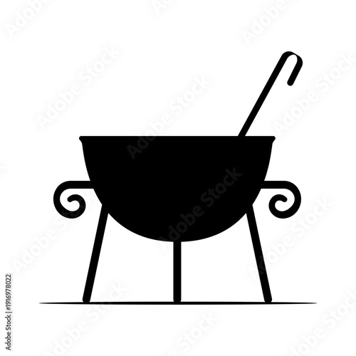 Cauldron on a tripod icon. Black silhouette. Front and side view. Vector simple flat graphic illustration. Isolated object on a white background.