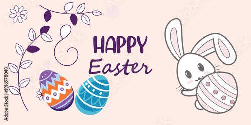 Happy easter greeting banner with cute bunny holding egg and colorful floral elements