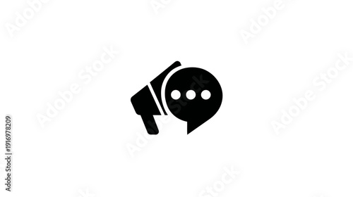 Black megaphone icon with a speech bubble featuring three dots on a white background