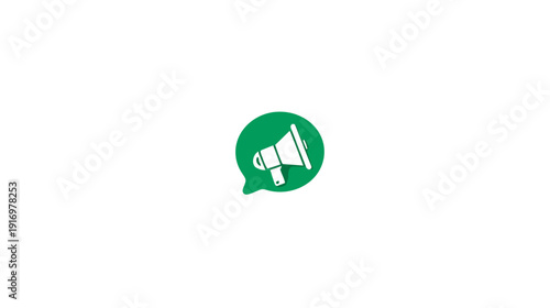 A green speech bubble with a white megaphone symbol within, centered on a white background