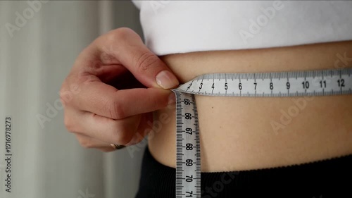 Close-up of woman measuring waist with tape for fitness and weight loss goals.