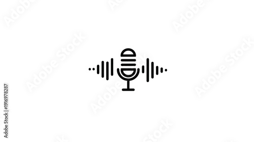 A simple, black-and-white minimalist icon representing audio recording equipment and sound waves