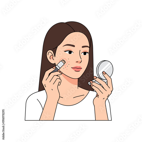 Young woman applying concealer while looking in mirror  