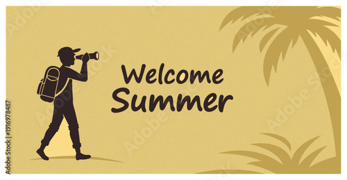 Welcome summer traveler with backpack binoculars sand palm tree background