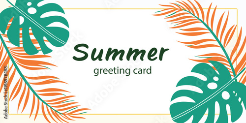 Tropical leaves frame design with exotic monstera and palm fronds for summer greeting