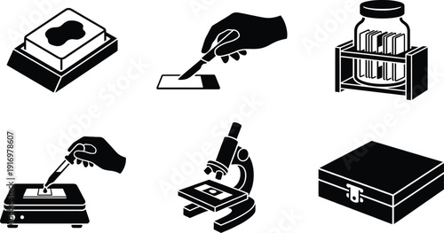 Histology slide preparation laboratory icons for medical science