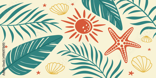 Summer tropical background with leaves, starfish, sun, and seashells
