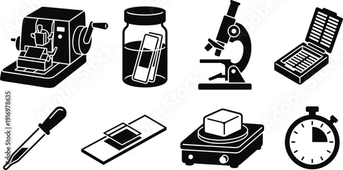 Histology slide preparation laboratory icons for medical science