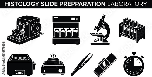 Histology slide preparation laboratory icons for medical science