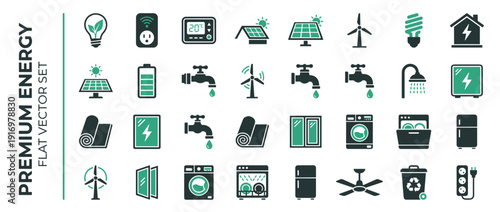 Premium Vector Icon Set of 32 Energy Saving at Home Elements. Flat Design Clean Monochrome Icons with Green Accents for Sustainability, Renewable Energy, Solar Power, and Water Conservation.