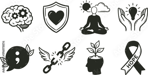 Mental health awareness hand drawn icons for wellness concept