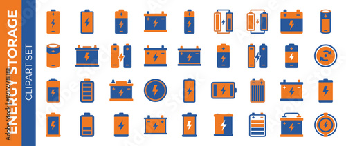 Comprehensive Set of 30 Energy Storage Vector Icons Featuring Batteries, Cells, and Power Accumulators in a Modern Flat Duotone Design. Perfect for Renewable Energy and Technology Graphics.
