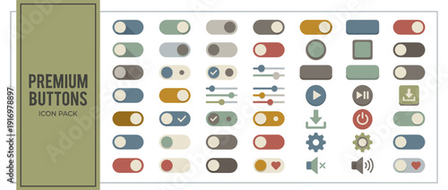 Premium UI UX icon set with 36 flat vector buttons and toggles in a muted editorial palette. Includes switches, sliders, play, pause, download, power, settings, volume, and heart icons for design.