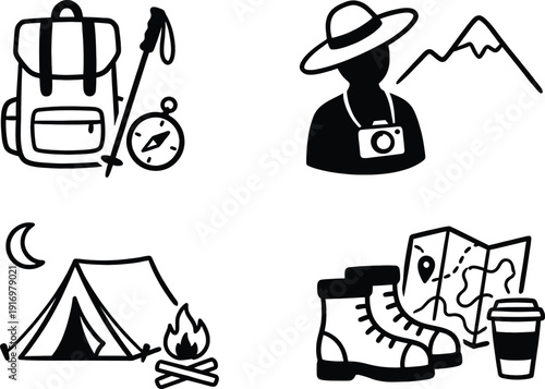 Travel icons minimalist solo adventure doodle vector set