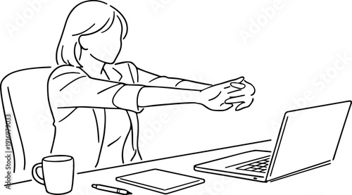 Minimalist Line Art Woman Stretching at Desk