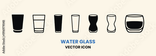 Diverse Collection of Water Glasses Vector Icons Set Illustration.