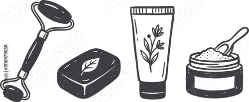 Skincare beauty doodle icons with natural organic elements