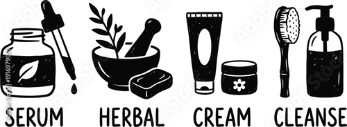 Skincare beauty doodle icons with natural organic elements