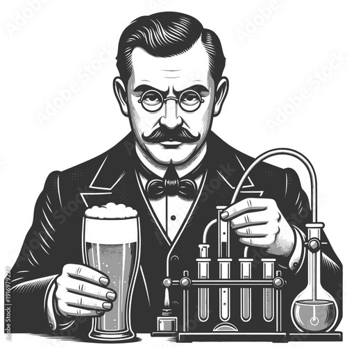 refined gentleman analyzing hazy green IPA with laboratory equipment, craft beer obsession and tasting precision sketch engraving generative ai vector illustration. Scratch board. Black and white.