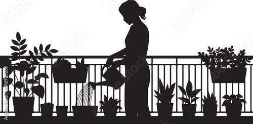 Silhouette of a person watering plants on a balcony with potted plants 1