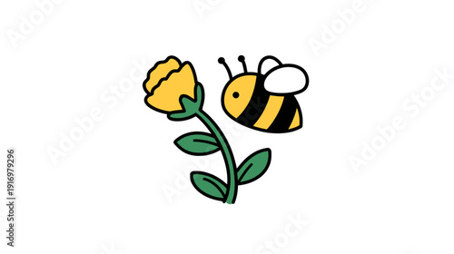 A cartoon bee hovers near a yellow flower with green leaves and stem, set against a white background