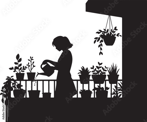 Silhouette of a person watering plants on a balcony with potted plants and hanging basket