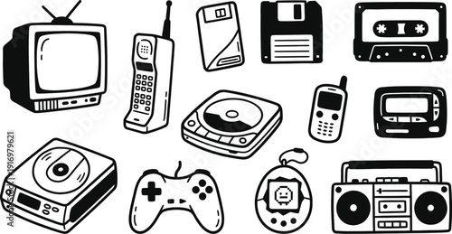 Retro technology icons in hand drawn doodle style
