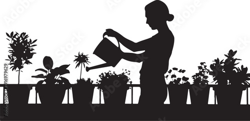 Silhouette of a person watering potted plants on a balcony