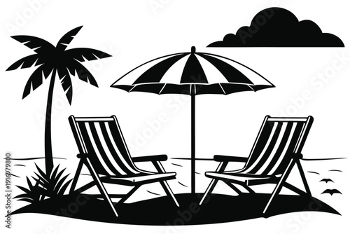 canvas chairs with parasol on a beautiful beach silhouette line art vector illustration with a white background