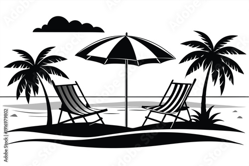 canvas chairs with parasol on a beautiful beach silhouette line art vector illustration with a white background