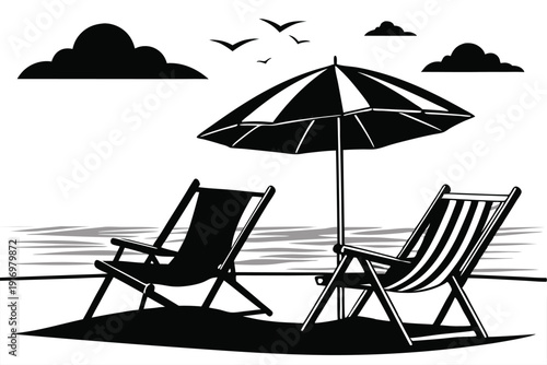 canvas chairs with parasol on a beautiful beach silhouette line art vector illustration with a white background
