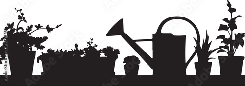 Silhouette of gardening tools and plants in pots watering can