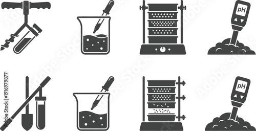Soil composition testing laboratory vector icon set for agriculture