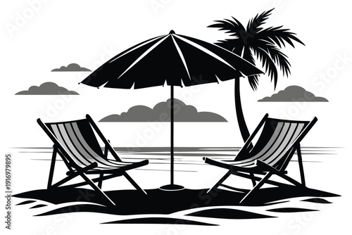 canvas chairs with parasol on a beautiful beach silhouette line art vector illustration with a white background