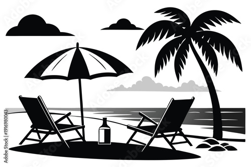 canvas chairs with parasol on a beautiful beach silhouette line art vector illustration with a white background