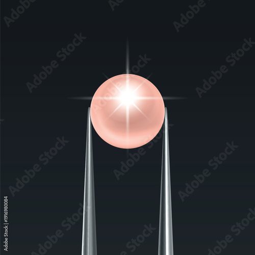 Vector Jewelry Tweezers Holding Pink Pearl Bead on Black Background. Luxury Pearl Jewelry Banner, Elegant Pear Template for Jewelry Store, Fashion Accessory, Gemstone Design, Precious Stone Decoration