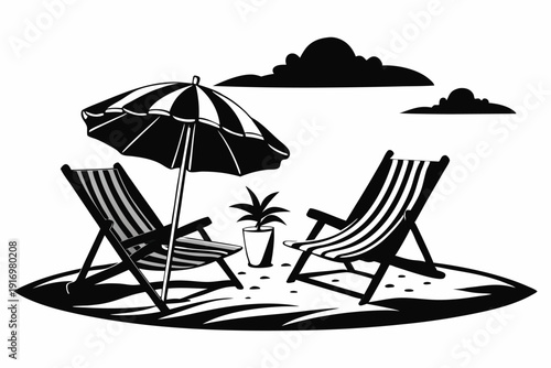 canvas chairs with parasol on a beautiful beach silhouette line art vector illustration with a white background