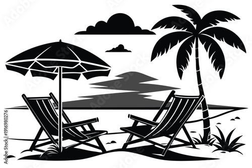 canvas chairs with parasol on a beautiful beach silhouette line art vector illustration with a white background
