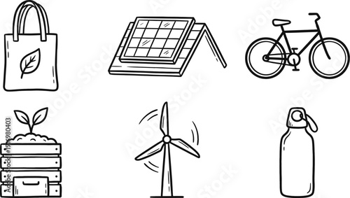 Sustainable eco-friendly doodle icons set for green living