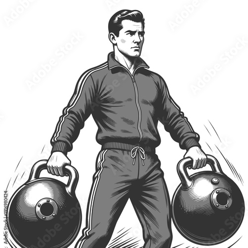 strong athletic man in tracksuit lifting heavy kettlebells, symbolizing strength training, fitness, discipline, and power sketch engraving generative ai fictional character vector illustration.