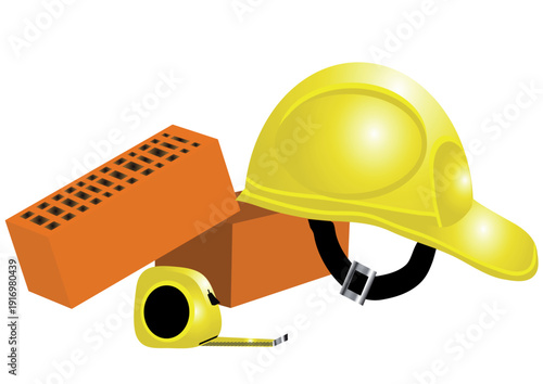  tape-measure, helmet, bricks
