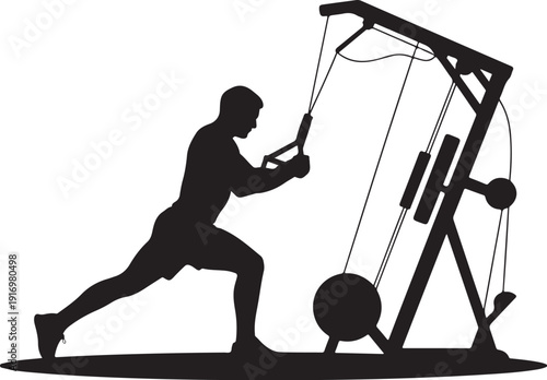 Silhouette of person exercising with cable machine and exercise ball