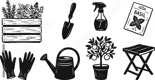 Gardening icons for urban balcony and apartment planting