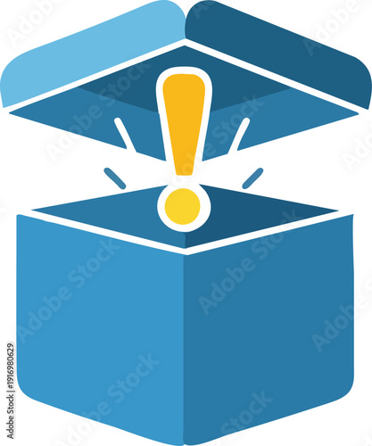 Blue box with exclamation mark popping out  surprise concept