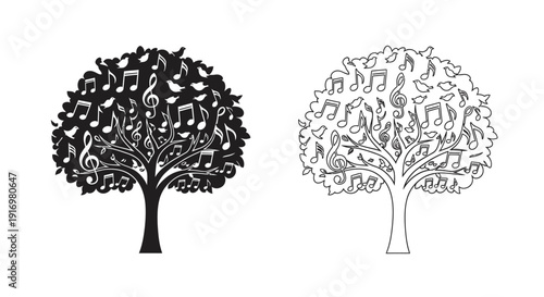 Two black and white tree illustrations, minimalist nature art, digital drawing Vector