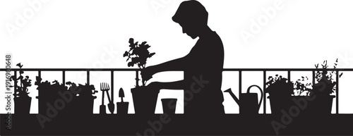 Silhouette of person gardening on a balcony with plants and tools