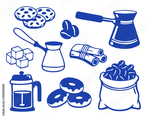 vector doodle illustration set of coffee accessories, donuts, cookies, sugar, cinnamon and coffee beans. hand drawn outline for cafe design, menu and packaging.
