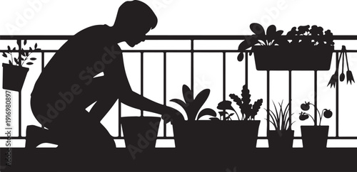 Silhouette of person gardening on a balcony with potted plants