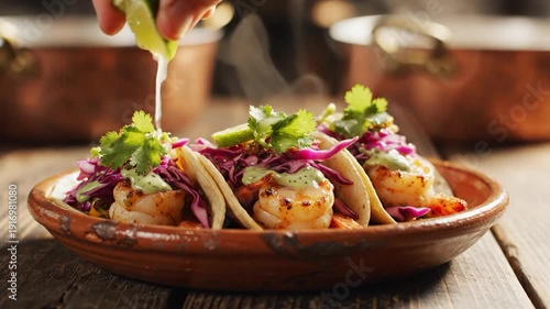 Delicious shrimp dish with red cabbage and cilantro garnish in a rustic bowl